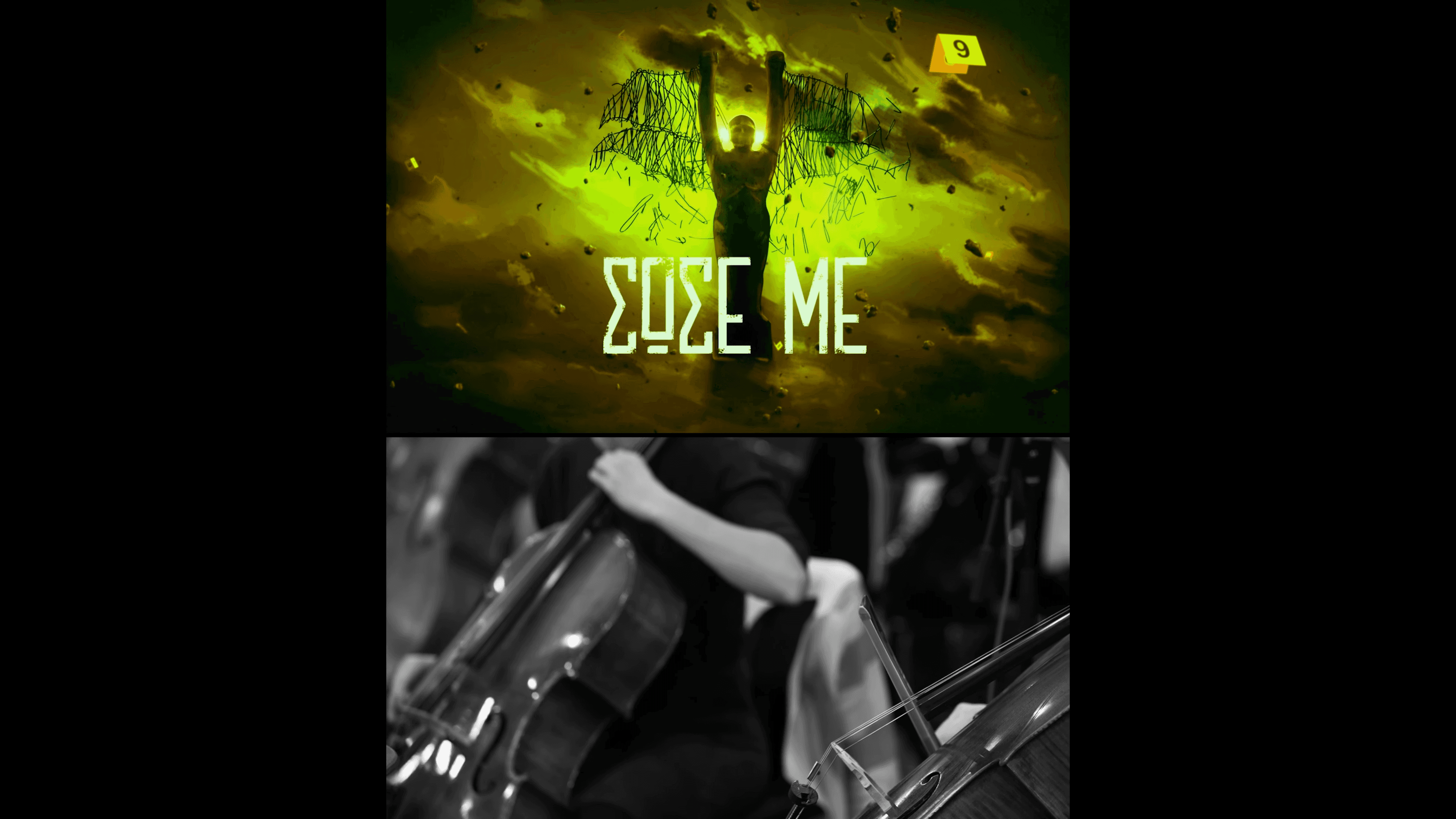 Split photo of a "Save me" poster and close-up of two cellos recording the soundtrack